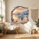 Stickers muraux: Trou de Mur Ours Polaires Coucher de Soleil 4