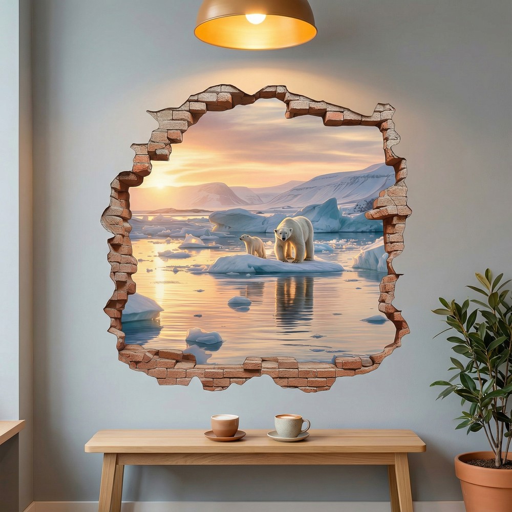 Stickers muraux: Trou de Mur Ours Polaires Coucher Soleil