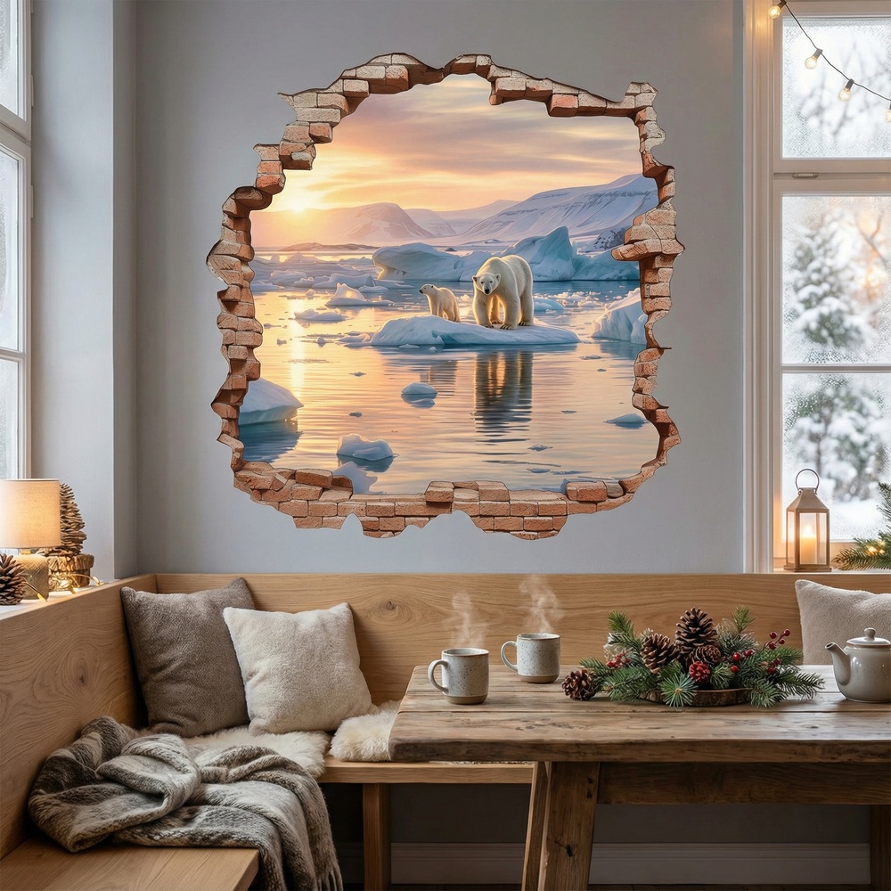 Stickers muraux: Trou de Mur Ours Polaires Coucher Soleil