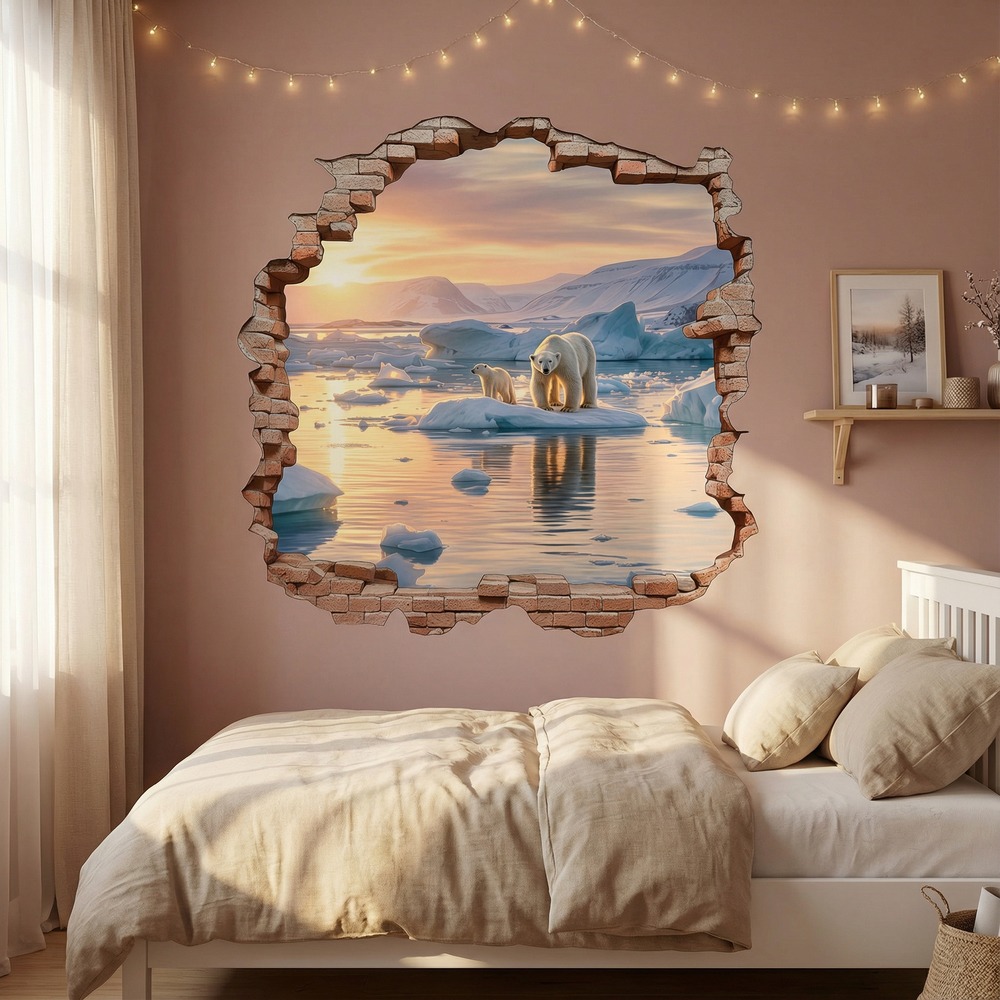 Stickers muraux: Trou de Mur Ours Polaires Coucher Soleil
