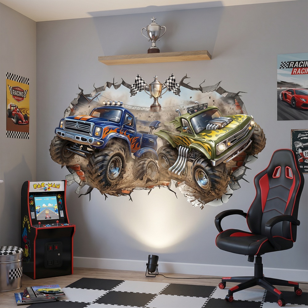 Stickers pour enfants: Trou de Mur Monster Trucks en Comp&eacute;tition