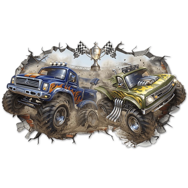 Stickers pour enfants: Trou de Mur Monster Trucks en Comp&eacute;tition