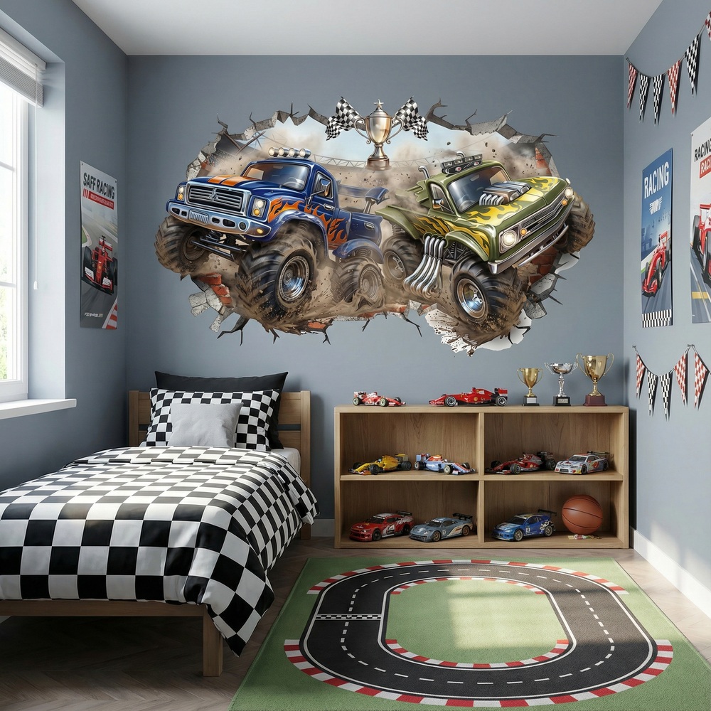 Stickers pour enfants: Trou de Mur Monster Trucks en Comp&eacute;tition