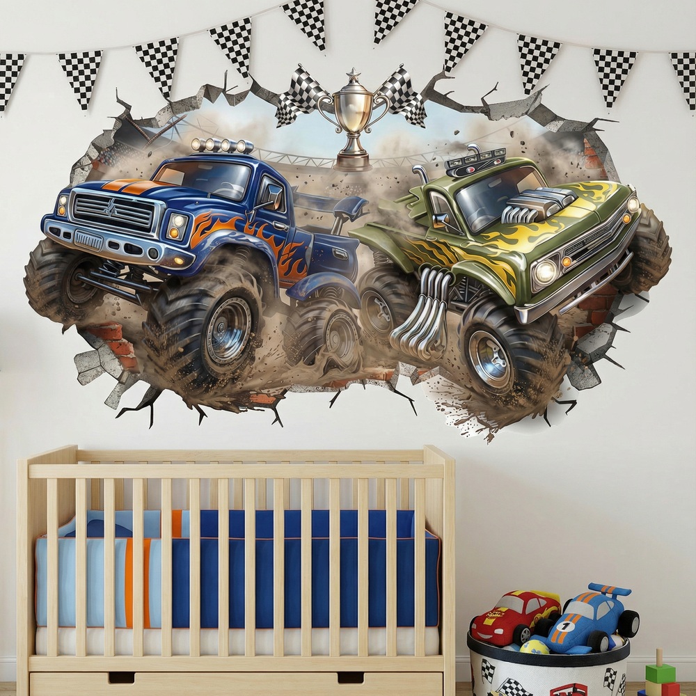 Stickers pour enfants: Trou de Mur Monster Trucks Course