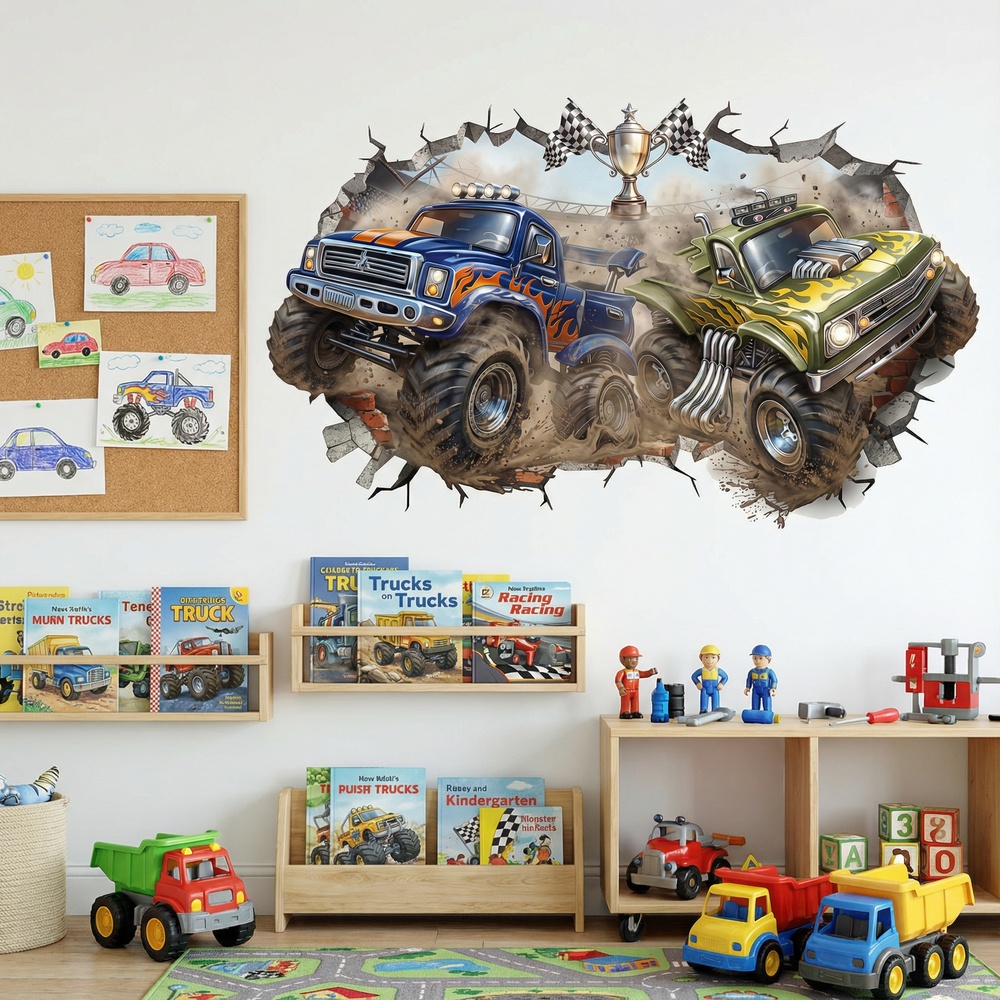 Stickers pour enfants: Trou de Mur Monster Trucks Course