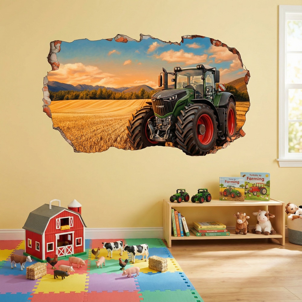 Stickers muraux: Trou de Mur Tracteur Champ Dor&eacute;