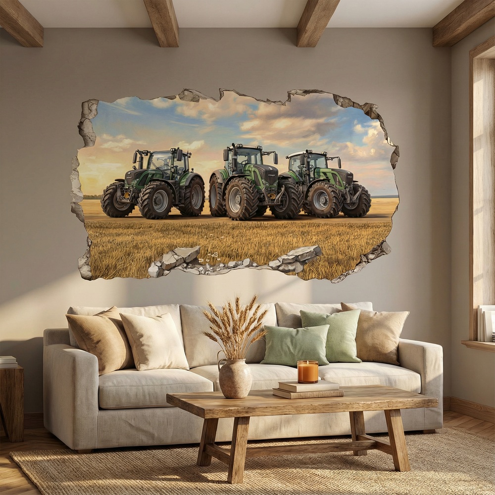 Stickers muraux: Trou de Mur Tracteurs Champs