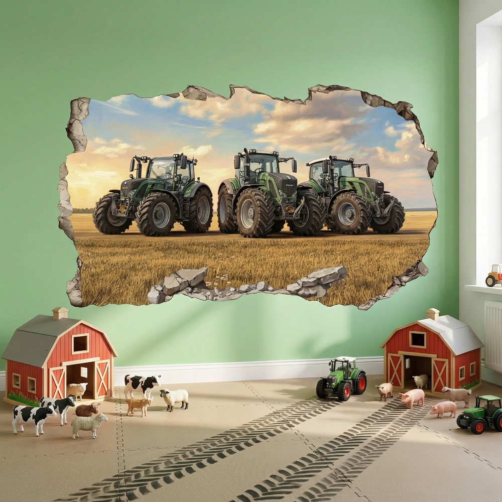 Stickers muraux: Trou de Mur Tracteurs Champs