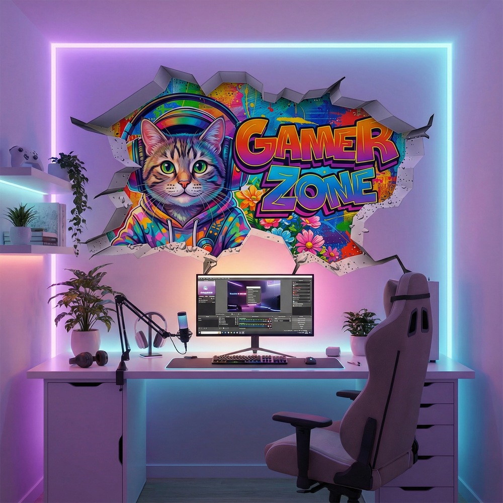 Stickers muraux: Trou de Mur Chat Gamer Zone