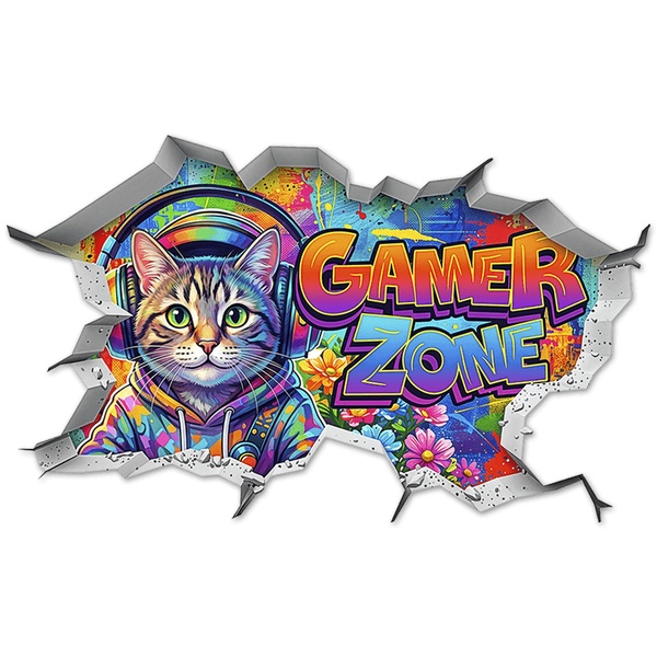 Stickers muraux: Trou de Mur Chat Gamer Zone