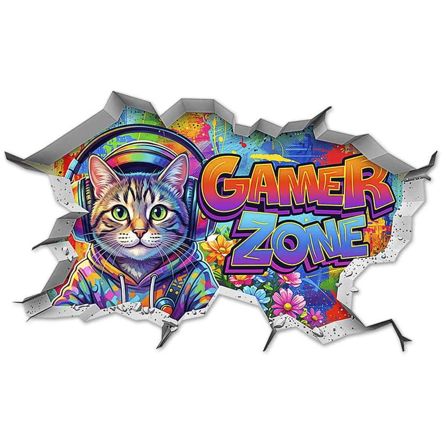 Stickers muraux: Trou de Mur Chat Gamer Zone