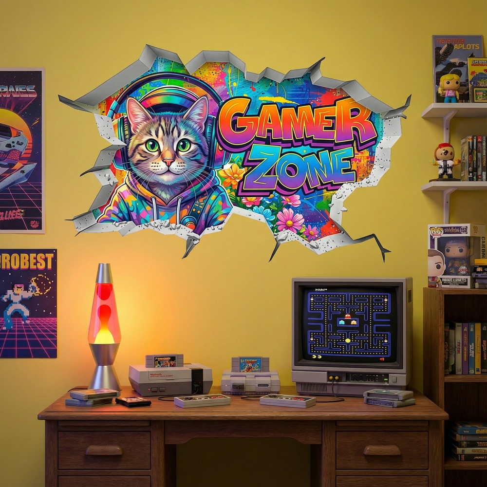 Stickers muraux: Trou de Mur Chat Gamer Zone
