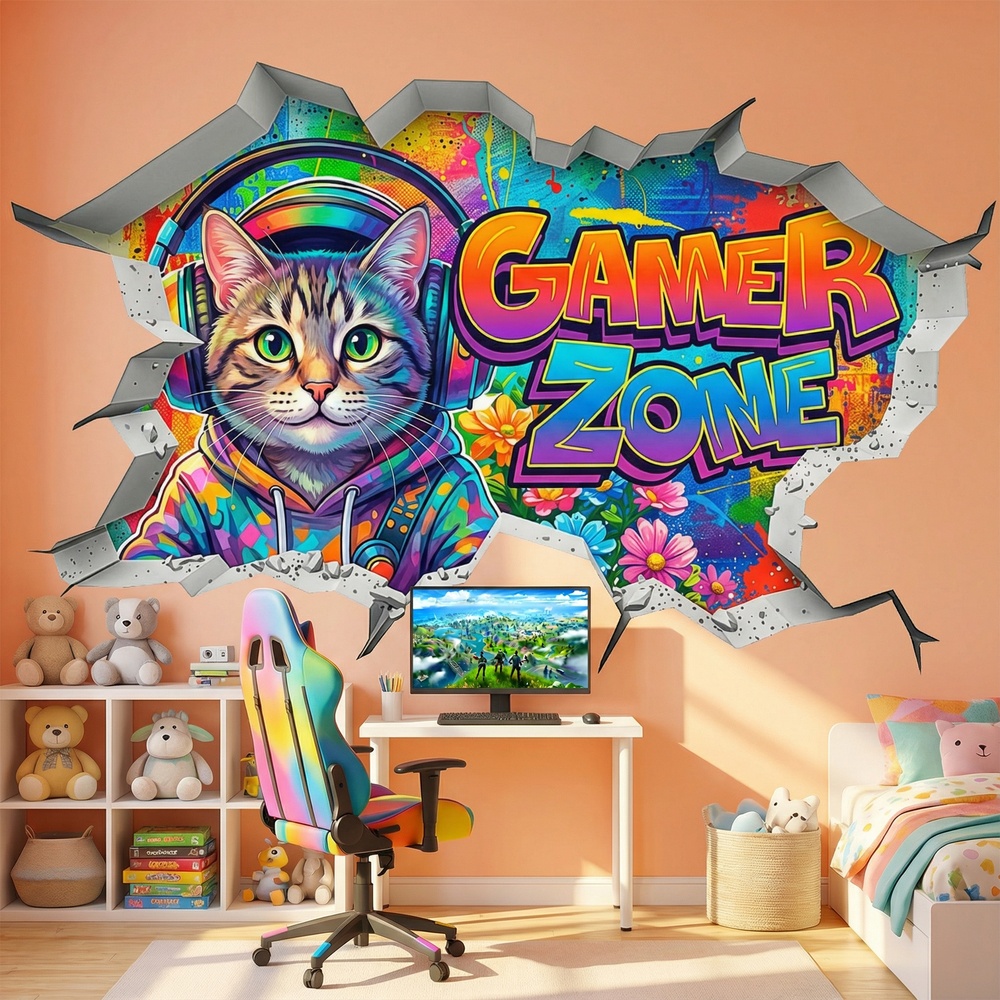 Stickers muraux: Trou de Mur Chat Gamer Zone