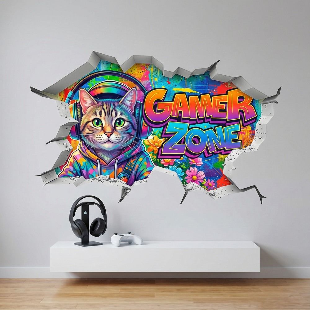 Stickers muraux: Trou de Mur Chat Gamer Zone