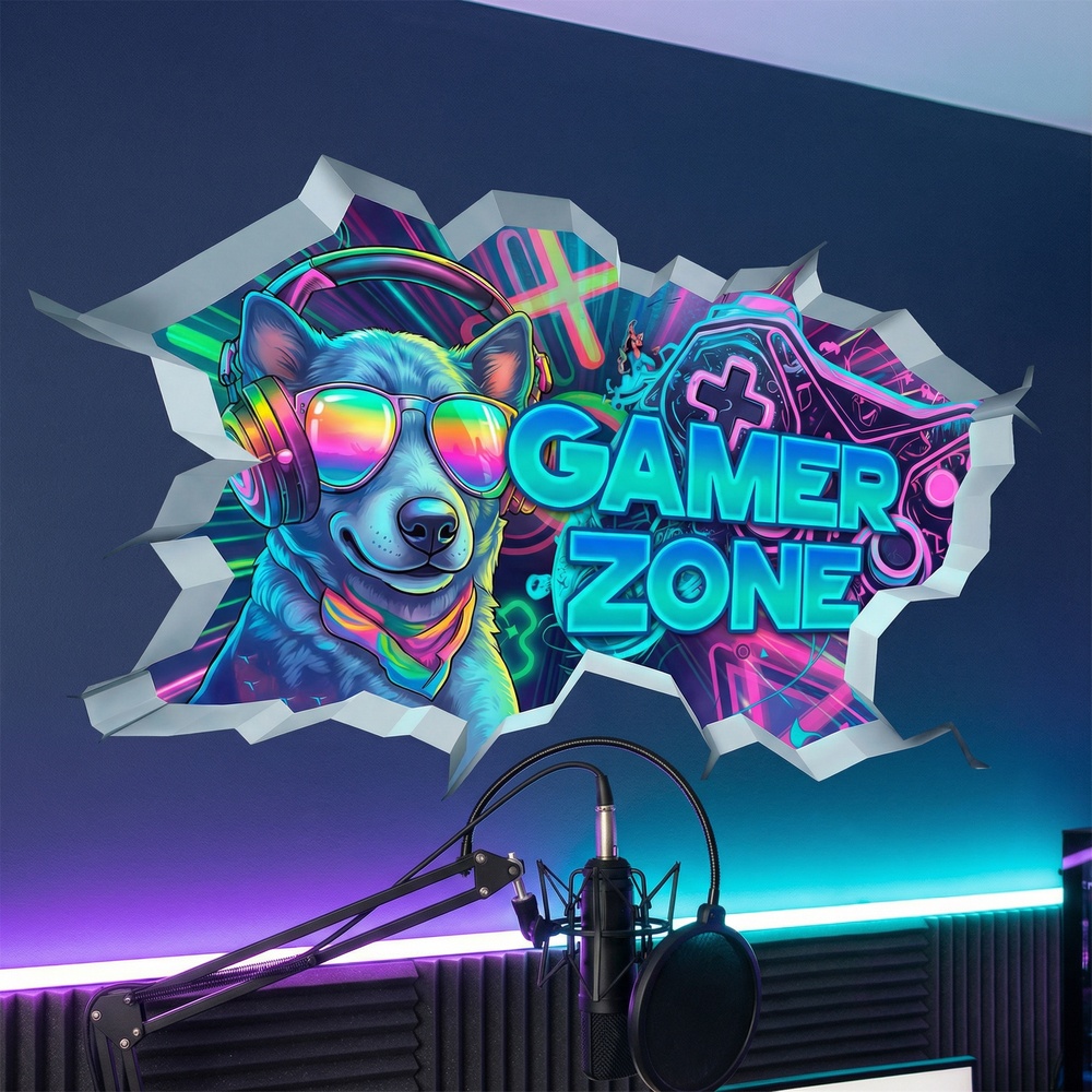 Stickers muraux: Trou de Mur Chien Gamer Zone