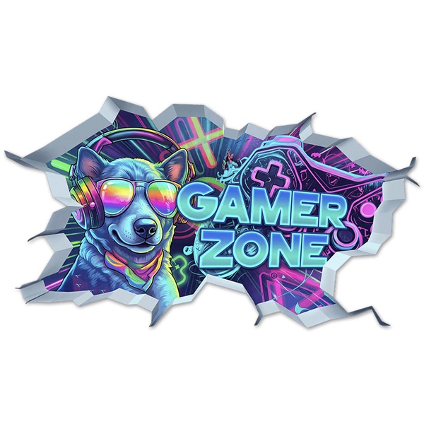 Stickers muraux: Trou de Mur Chien Gamer Zone