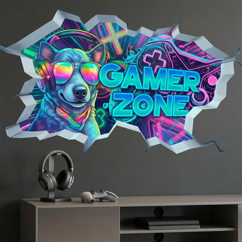 Stickers muraux: Trou de Mur Chien Gamer Zone