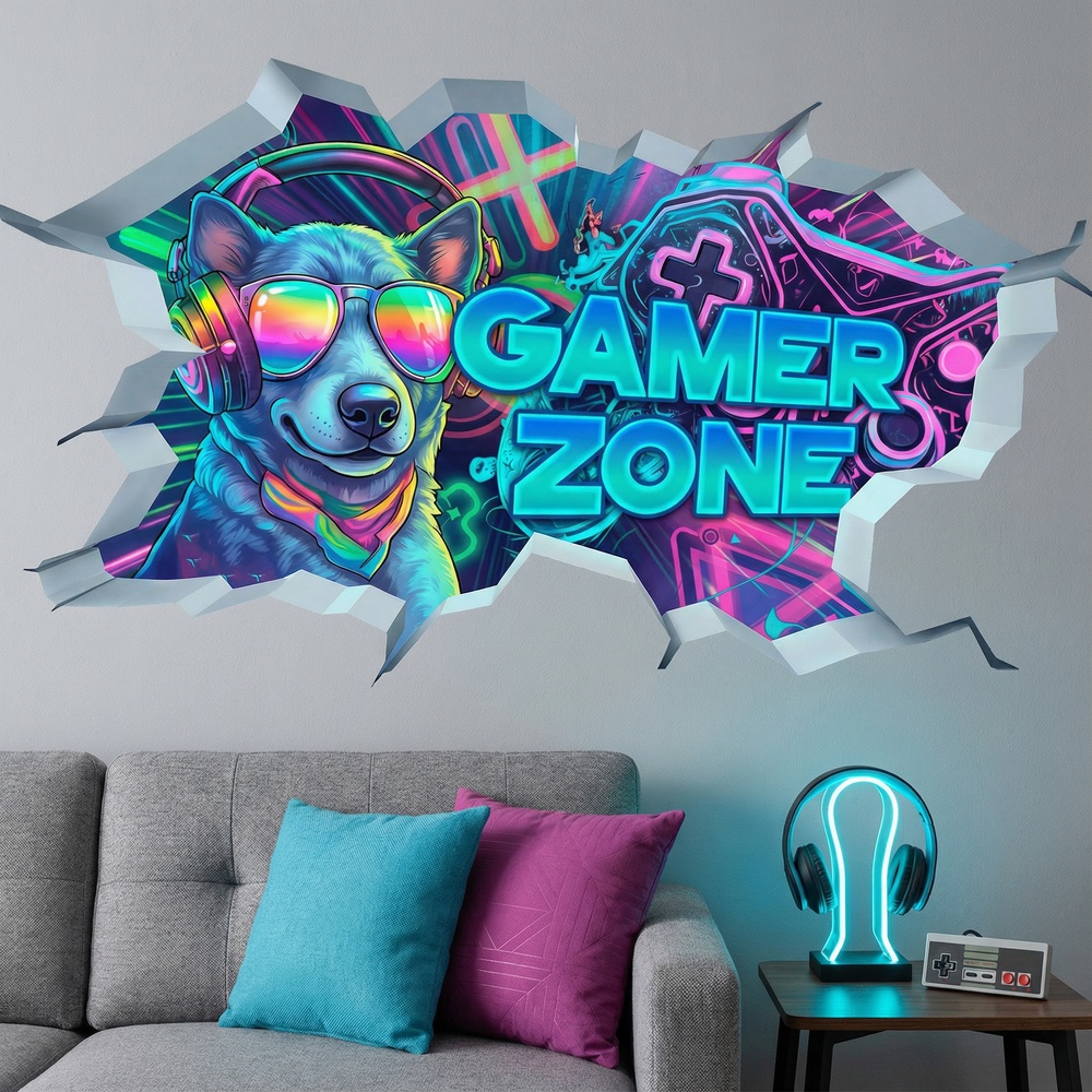Stickers muraux: Trou de Mur Chien Gamer Zone