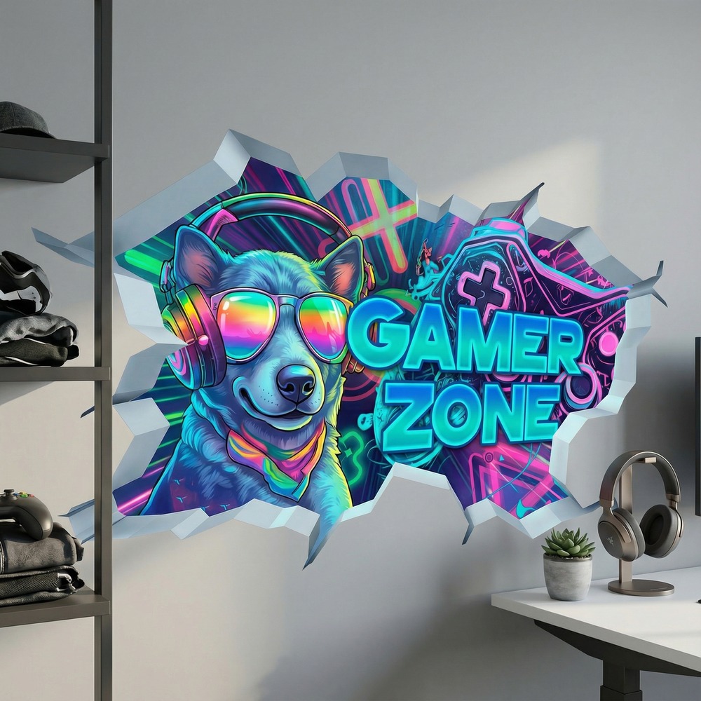 Stickers muraux: Trou de Mur Chien Gamer Zone