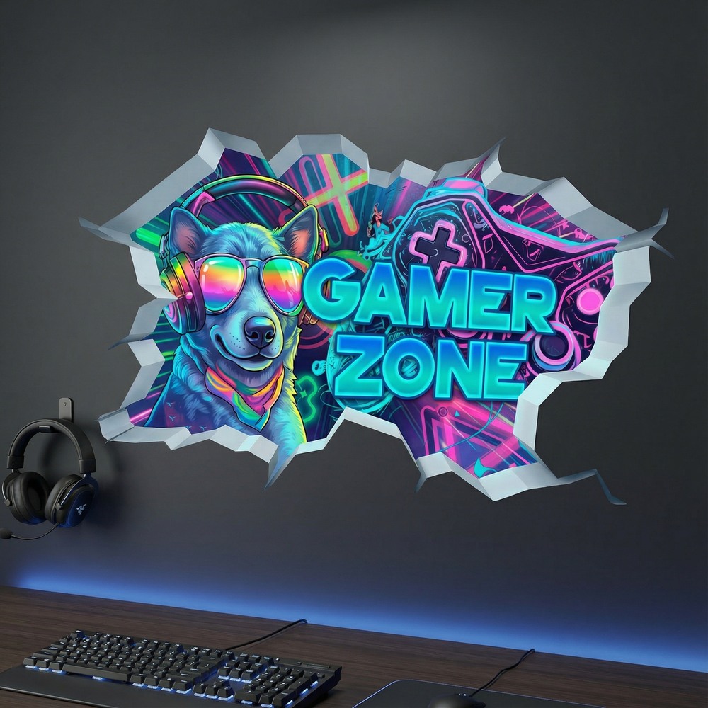 Stickers muraux: Trou de Mur Chien Gamer Zone