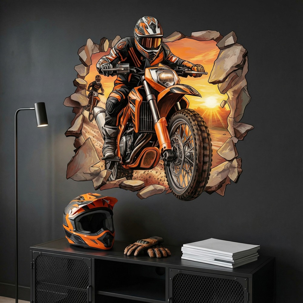 Stickers muraux: Trou de Mur Motocross Coucher de Soleil