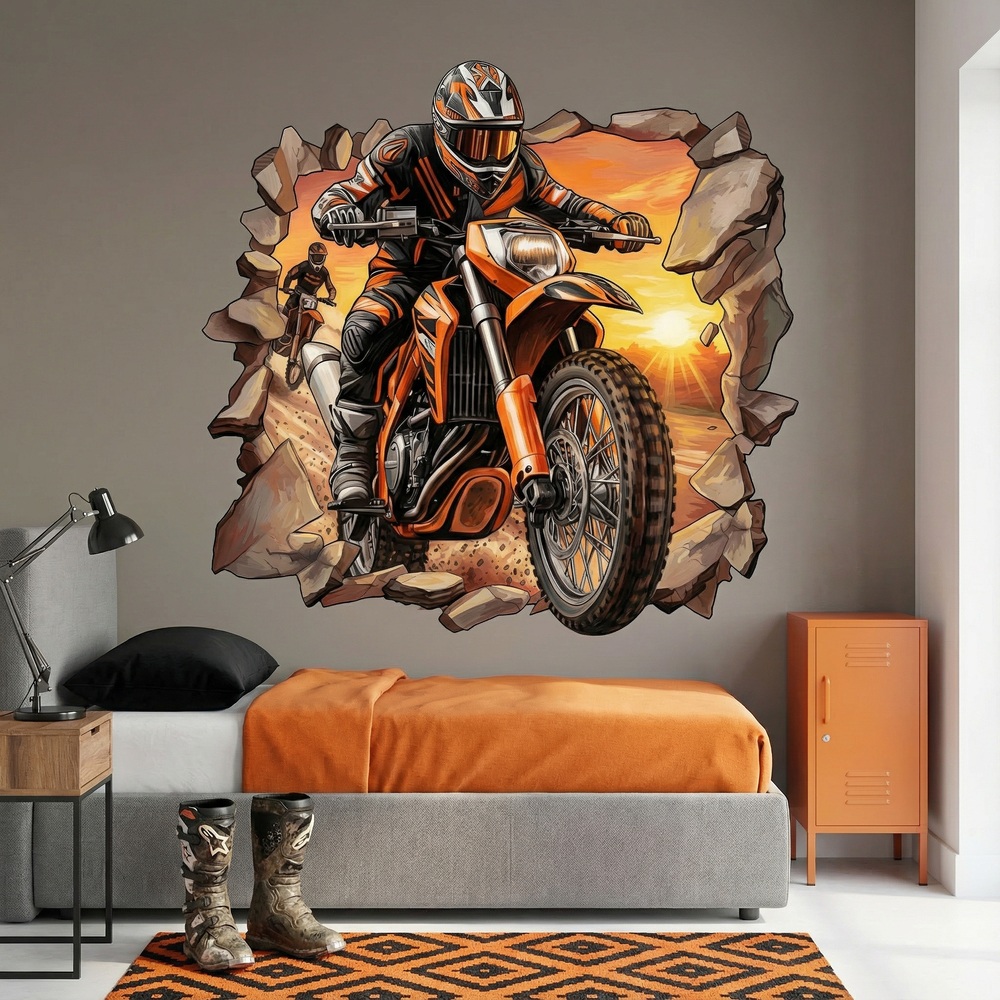 Stickers muraux: Trou de Mur Motocross Coucher de Soleil