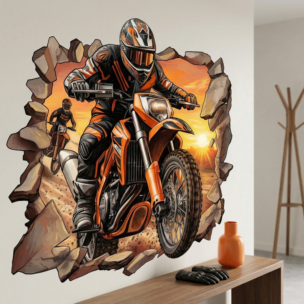 Stickers muraux: Trou de Mur Motocross Coucher de Soleil