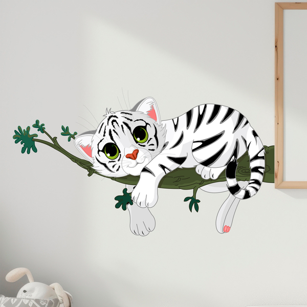 Stickers pour enfants: Bébé tigre blanc sur une branche