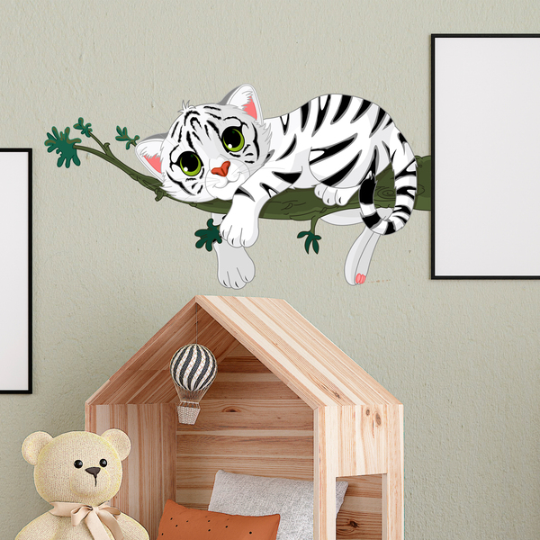 Stickers pour enfants: Bébé tigre blanc sur une branche