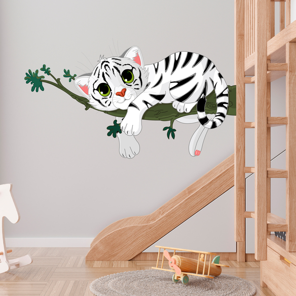 Stickers pour enfants: Bébé tigre blanc sur une branche