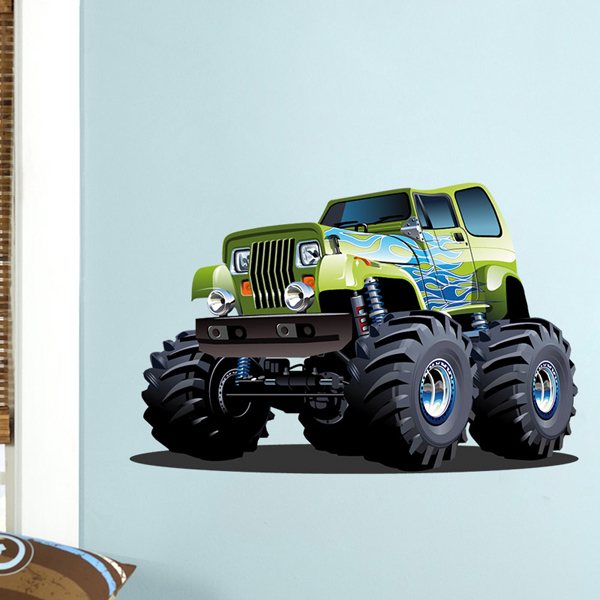 Stickers pour enfants: Monster Truck vert avec des flammes bleues