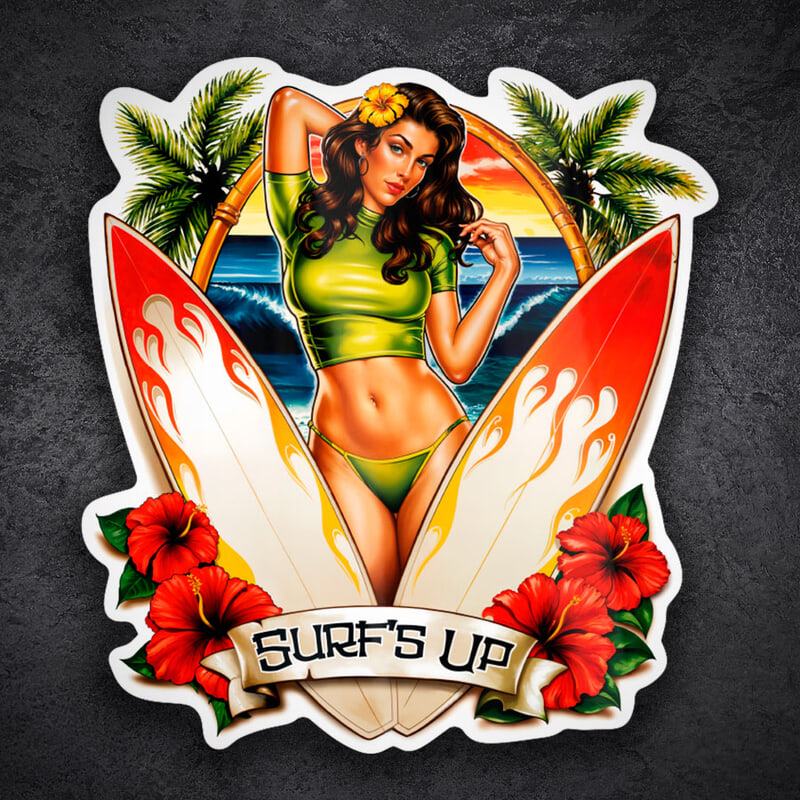 Autocollants: Surf’s Up Pin-Up Coucher Solei