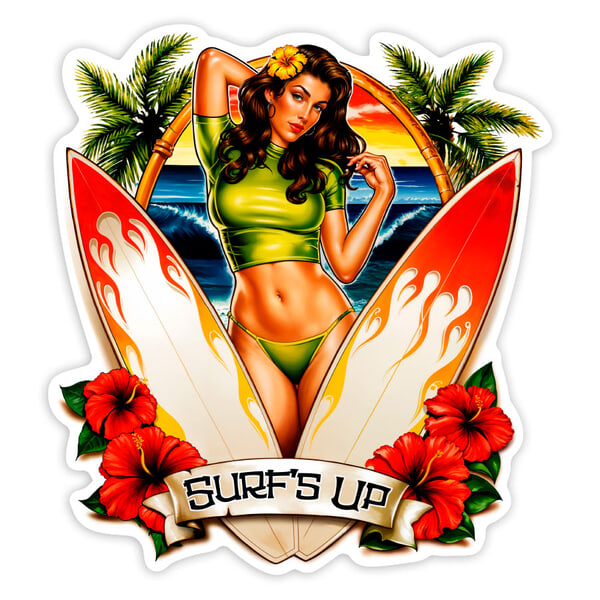 Autocollants: Surf’s Up Pin-Up Coucher Solei