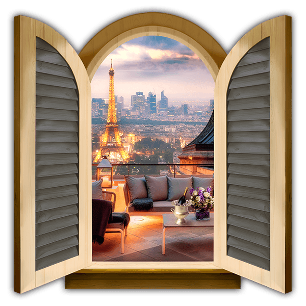 Stickers muraux: Fenêtre terrasse en face de la Tour Eiffel
