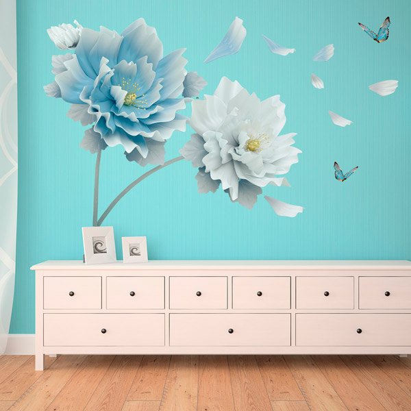 Sticker mural fleurs bleues et blanches
