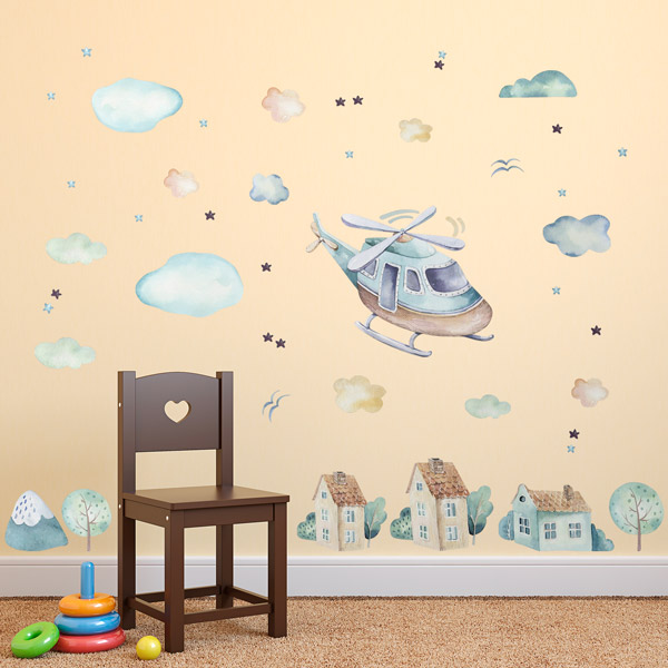 Stickers pour enfants: Hélicoptère, nuages et maisons