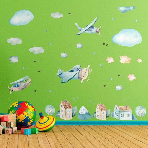 Stickers pour enfants: Avions, nuages et maisons