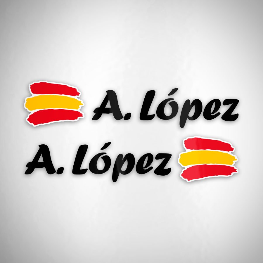 Autocollants: 2X Drapeaux Espagne + Nom calligraphique noir