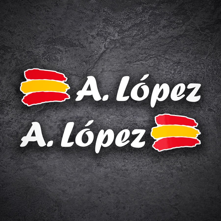 Autocollants: 2X Drapeau Espagne + Nom calligraphique blanc