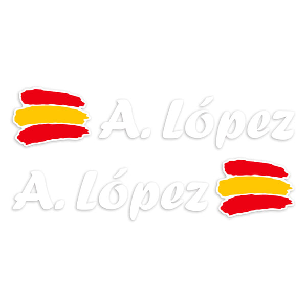Autocollants: 2X Drapeau Espagne + Nom calligraphique blanc