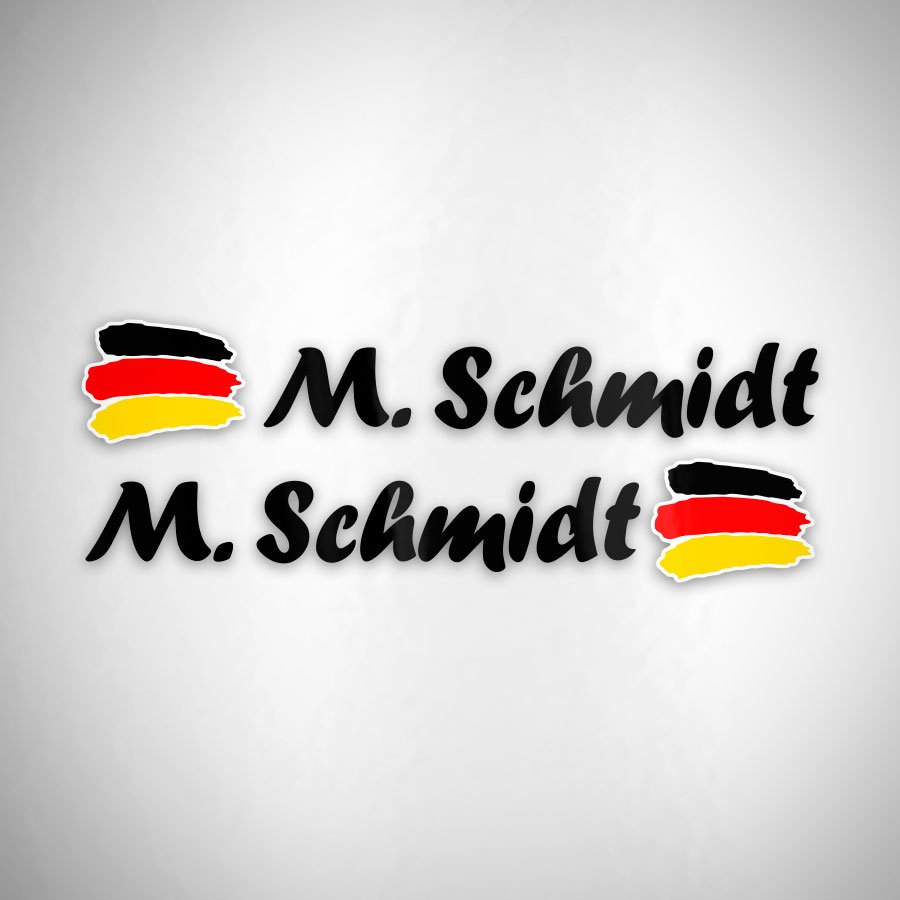 Autocollants: 2X drapeaux Allemagne + nom calligraphique noir
