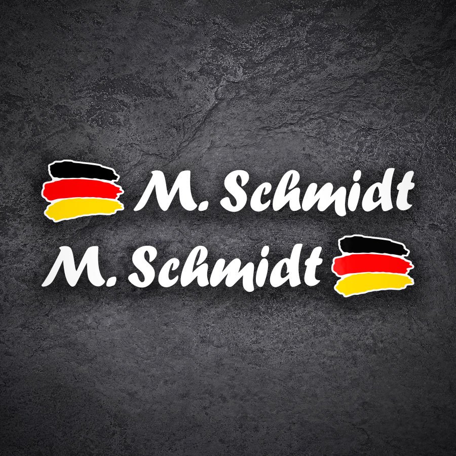 Autocollants: 2X drapeaux Allemagne + nom calligraphique blanc