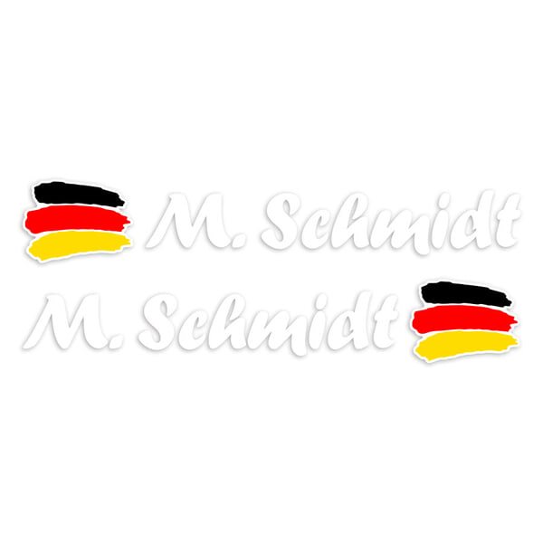 Autocollants: 2X drapeaux Allemagne + nom calligraphique blanc