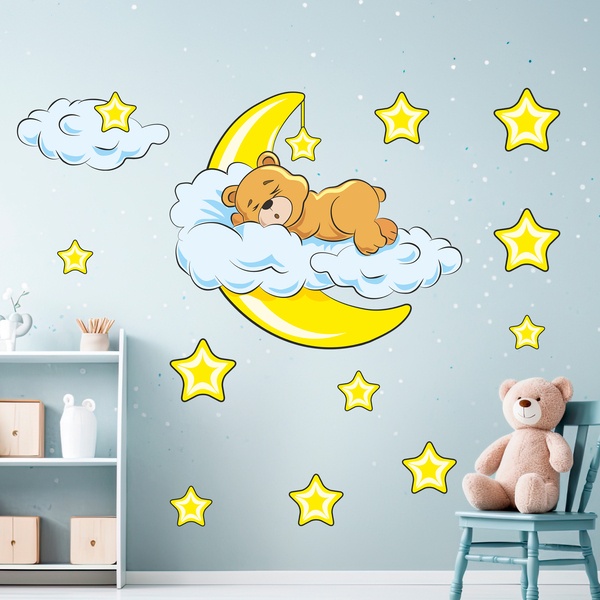 Stickers pour enfants: Ours de dans les nuages et la lune jaune