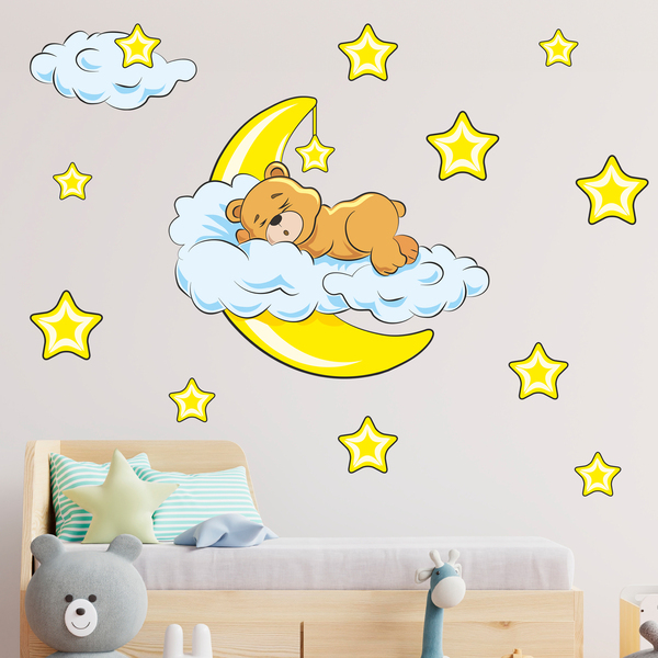 Stickers pour enfants: Ours de dans les nuages et la lune jaune