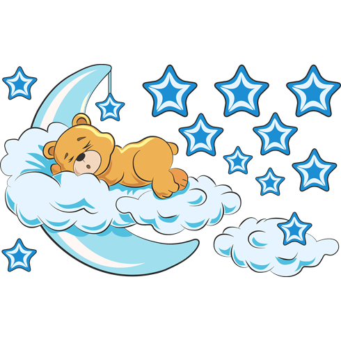 Stickers pour enfants: Ours dans les nuages et la lune bleue