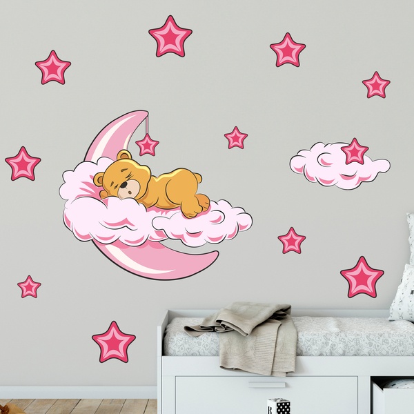 Stickers pour enfants: Ours dans les nuages et la lune rose