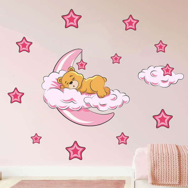 Stickers pour enfants: Ours dans les nuages et la lune rose