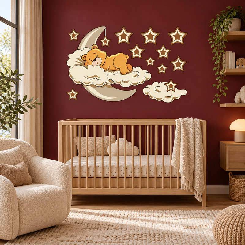 Stickers pour enfants: Ours dans les nuages et la lune neutre
