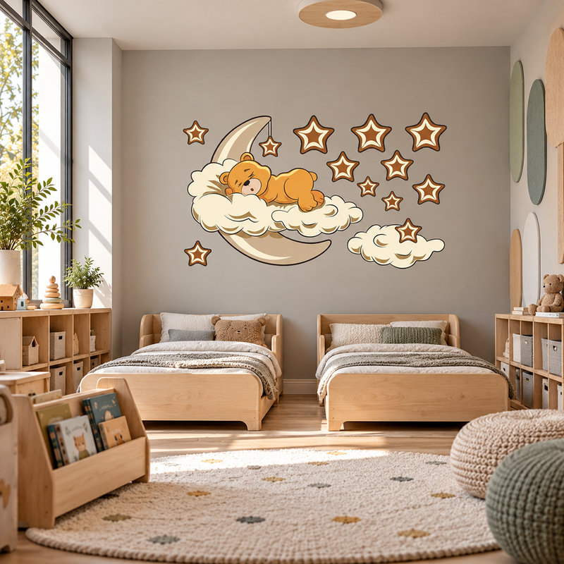 Stickers pour enfants: Ours dans les nuages et la lune neutre